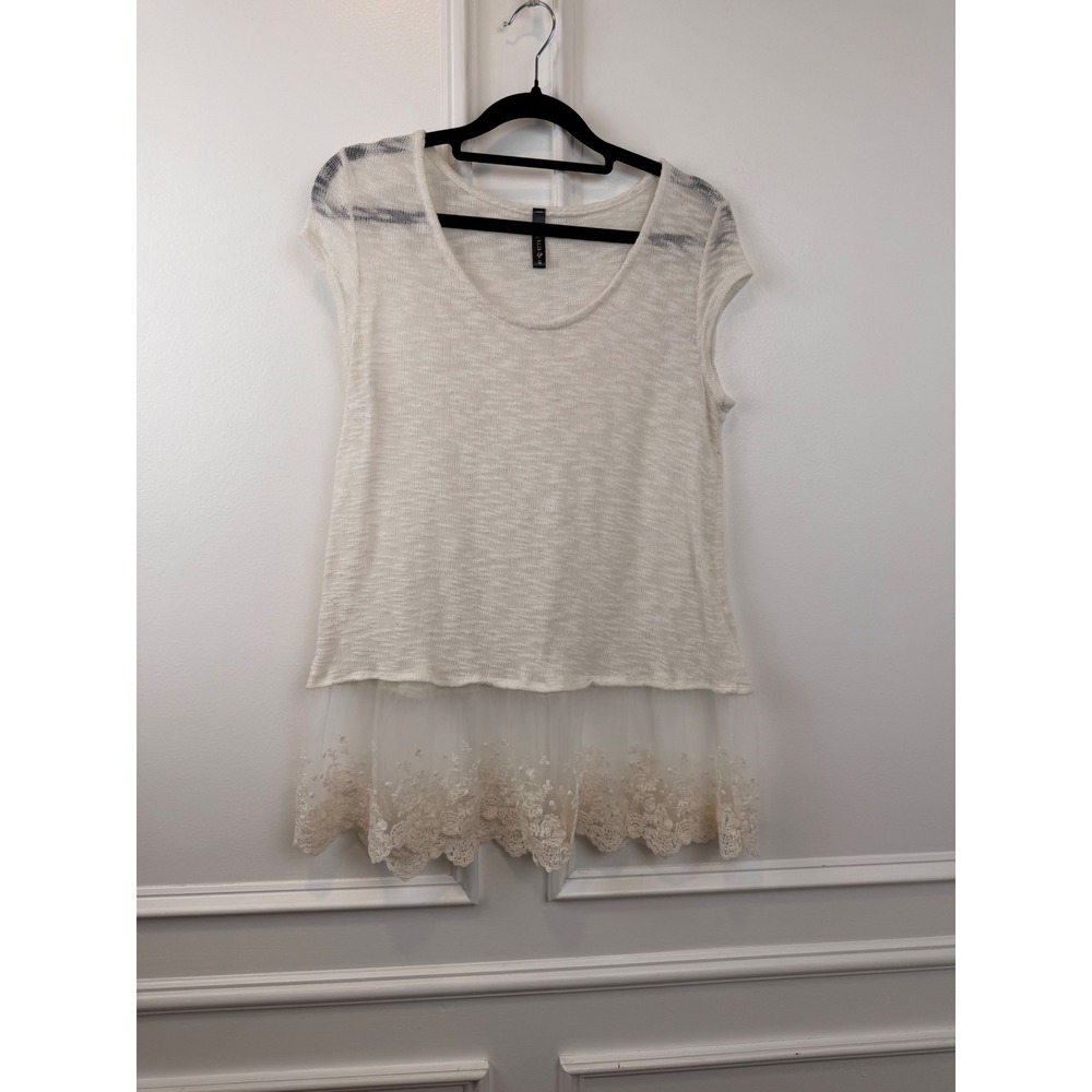 Full Tilt Cream Marl Knit Lace Hem Cap Sleeve Top Medium